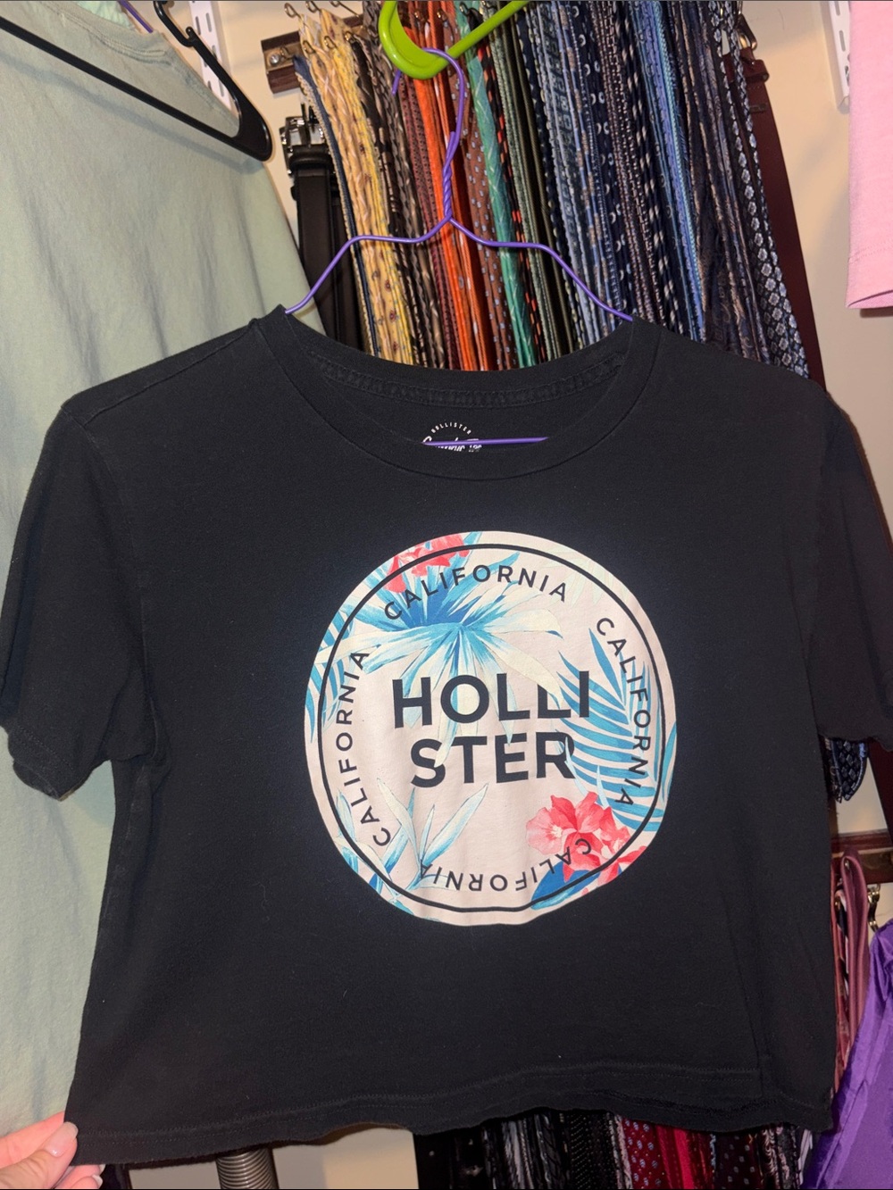 Hollister Black Crop Tee with Blue & Pink Palm Graphic